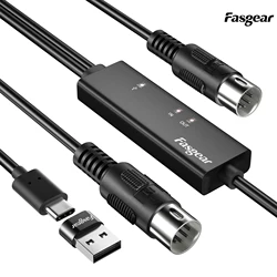 Fasgear-usb c-midiケーブルとタイプc-usbアダプター、インターフェイスコンバーター、音楽キーボード、pc、macbook pro、2m