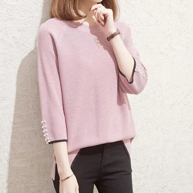 Spring Autumn 3/4 Sleeve Knitted T-shirt Casual Round Neck Female Clothing Solid Color Spliced Basic Fashion Beading Pullovers