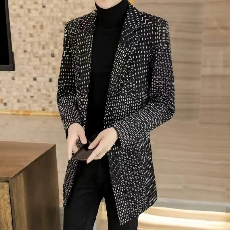 Autumn Winter New Fashion Turn-down Collar Long Sleeve Printing Trench Men's Clothing Korean Medium Long Styles Button Chic Tops