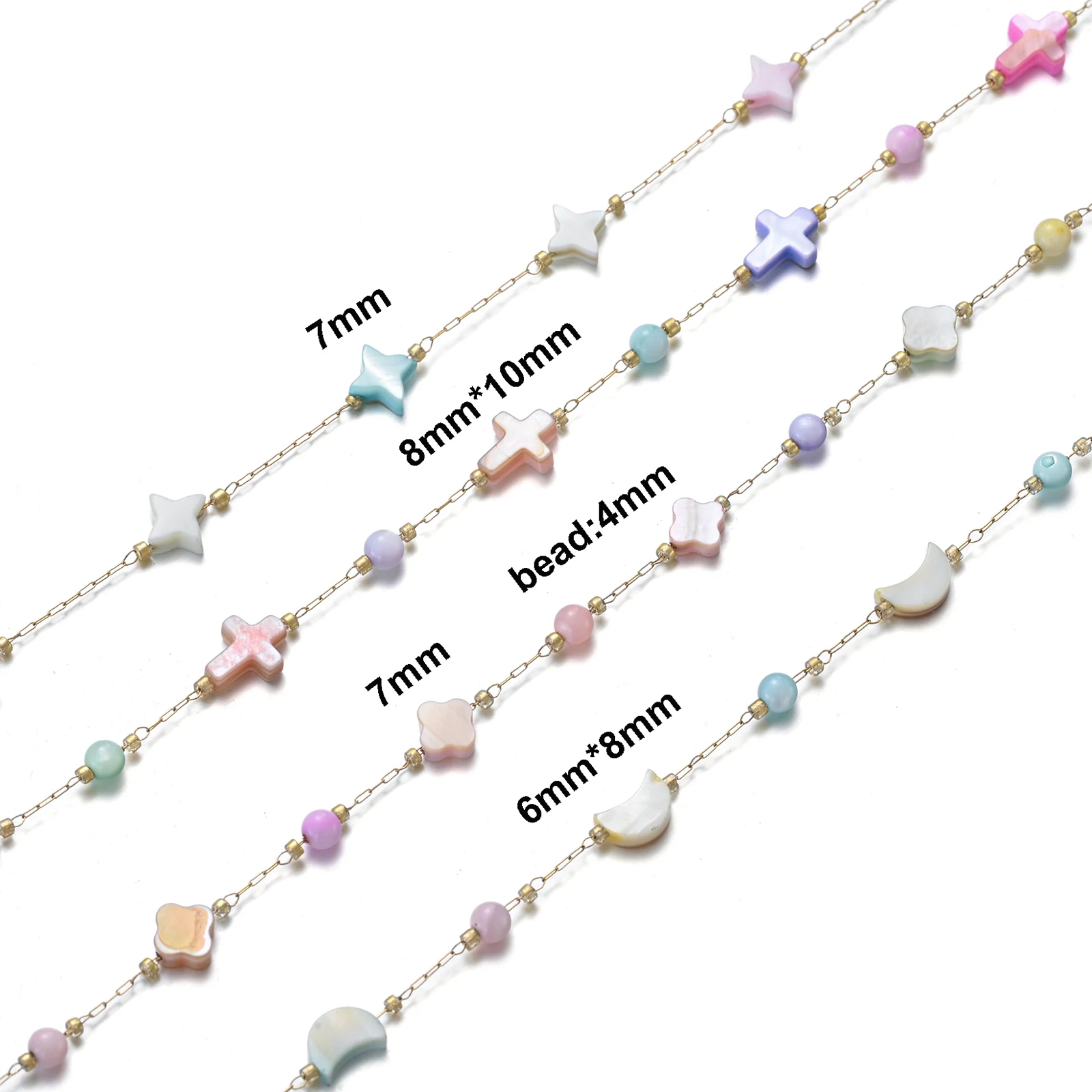 Colorful Shell Cross/Moon/Star Chain Stainless Steel Beaded Link Chain For Women Girls Bohemia Summer Beach Chain Jewelry Gift