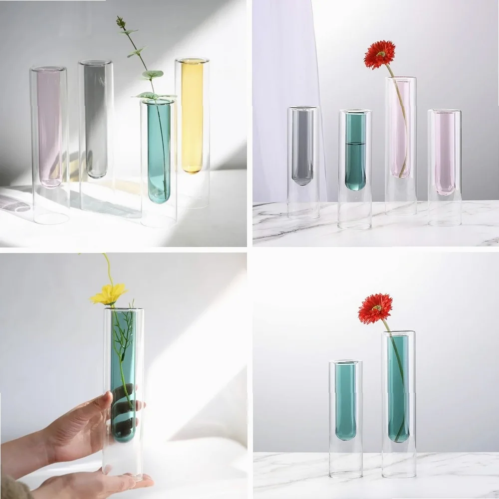 Double-Layer Glass Vase for Plants, Modern Nordic Home Decor Flower Pot for Hydroponics