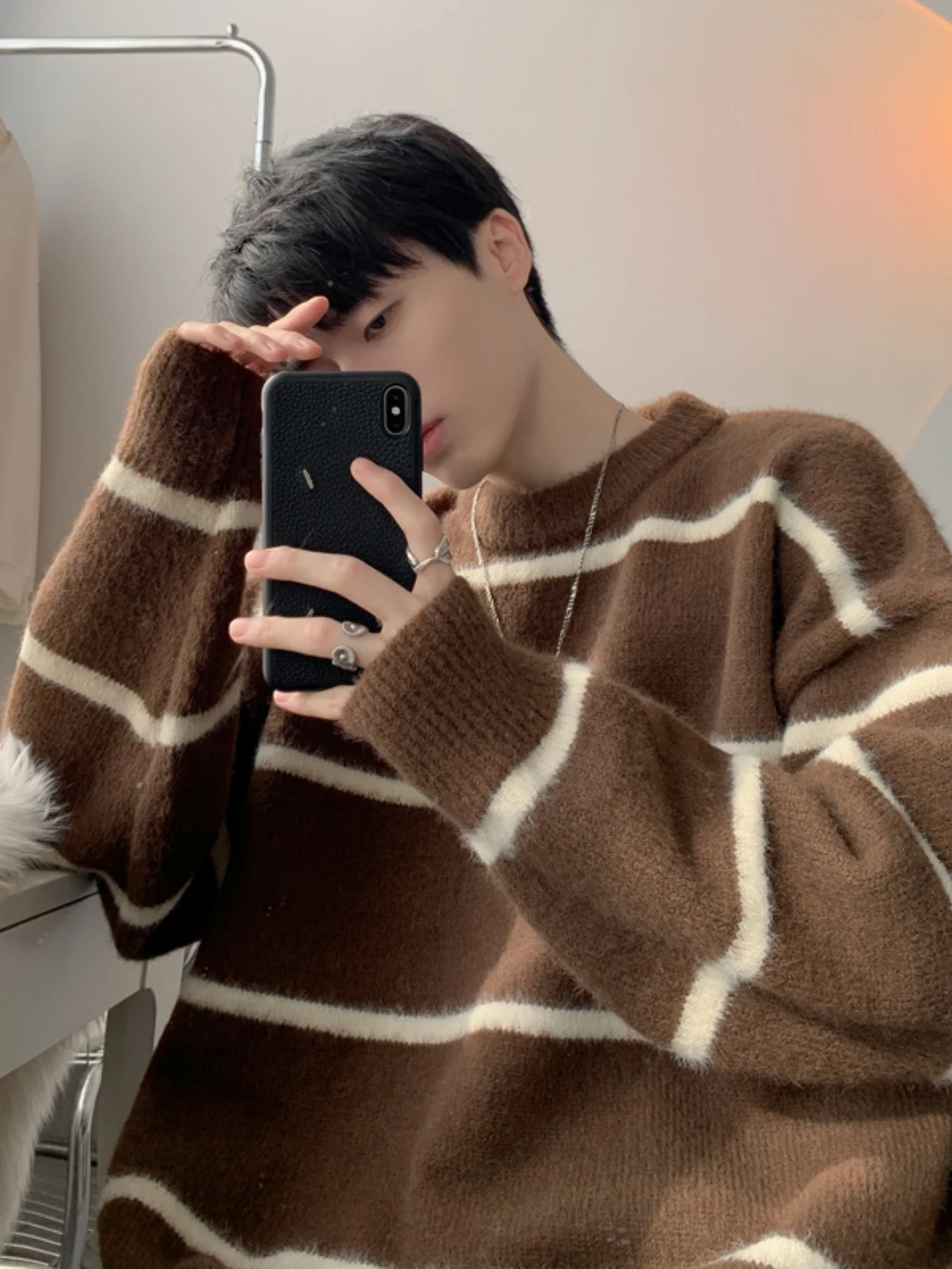 

Loose Fit Men's Knitted Sweater round Ne Thiened Winter Faion Brand Casual Outerwear Polyester Fiber Long Sve