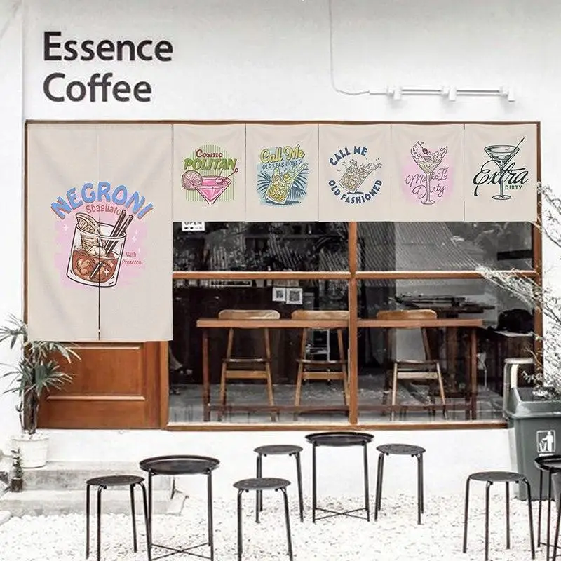 VIKAMA Vintage Cocktail Drink Print Single Valance Curtain Velcro Punch Free Coffee Bar Commercial Fabric Store Front Curtain