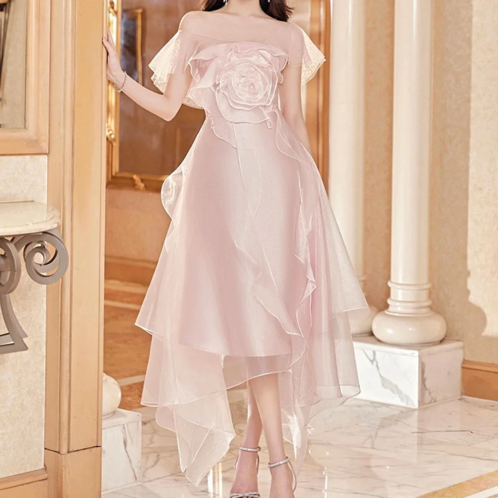 

Exquisite Flowers Off the Shoulder Organza Evening Dresses Temperament A-Line Ankle Length Short Sleeves Special Occasion Gowns