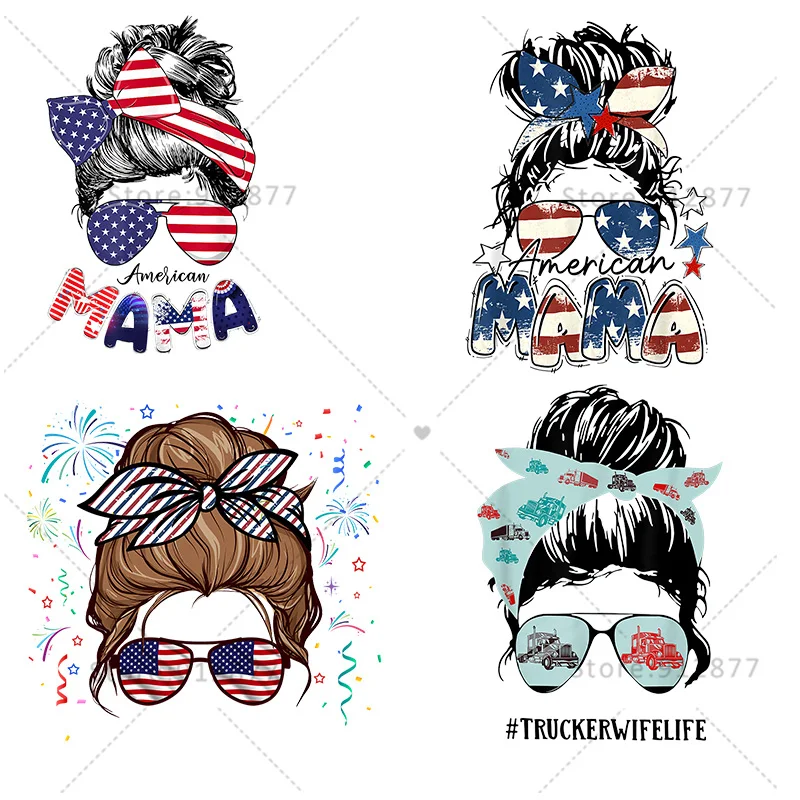 DTF Print Patriotic Independence Day Messy Bun Mom Life Thermo-adhesive Patch Clothing Brands Digital Print Transfer Film DIY