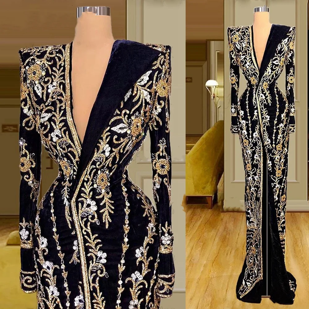 Vintage Embroidery Velour Evening Dress Long Sleeves V-Neck Side Split robes de soirée Luxury Crystals Beding Wedding Party Gown