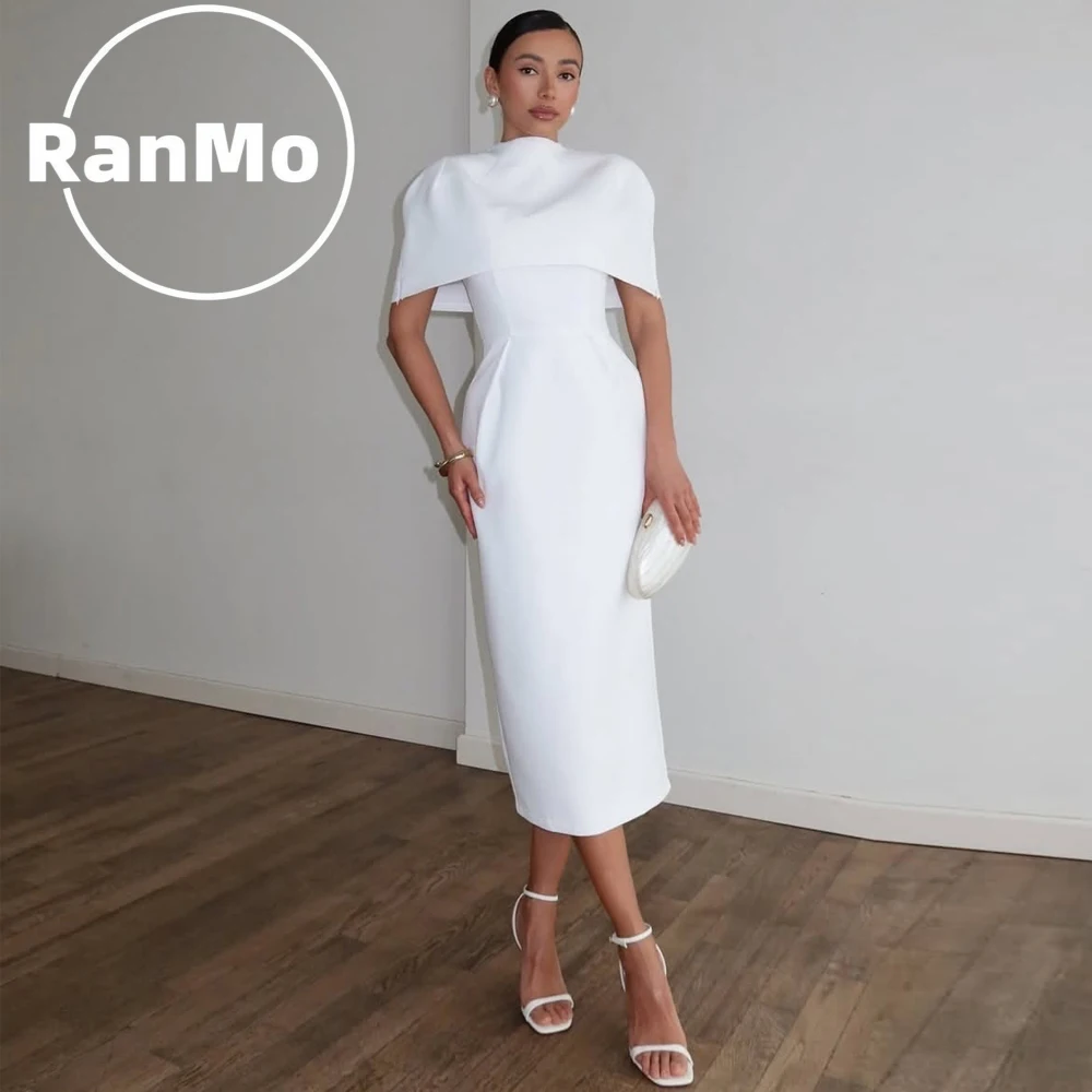 Ranmo Elegant New Satin 2Pcs Mermaid Ruffle Evening Gown Tea-Length Pleat With Jacket Prom Gown شارون سعيد فساتين س Customized