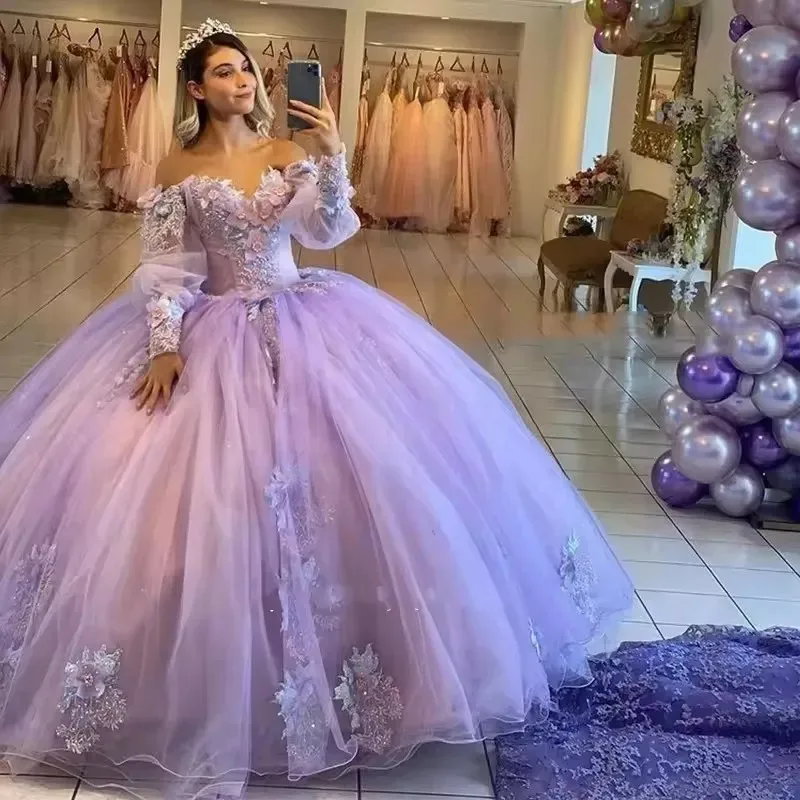 Vestido De fiesta De manga larga Lila, Vestidos De quinceañera, Vestidos De Cenicienta De 15 Anos XV, fiesta De cumpleaños con cuentas De encaje personalizado