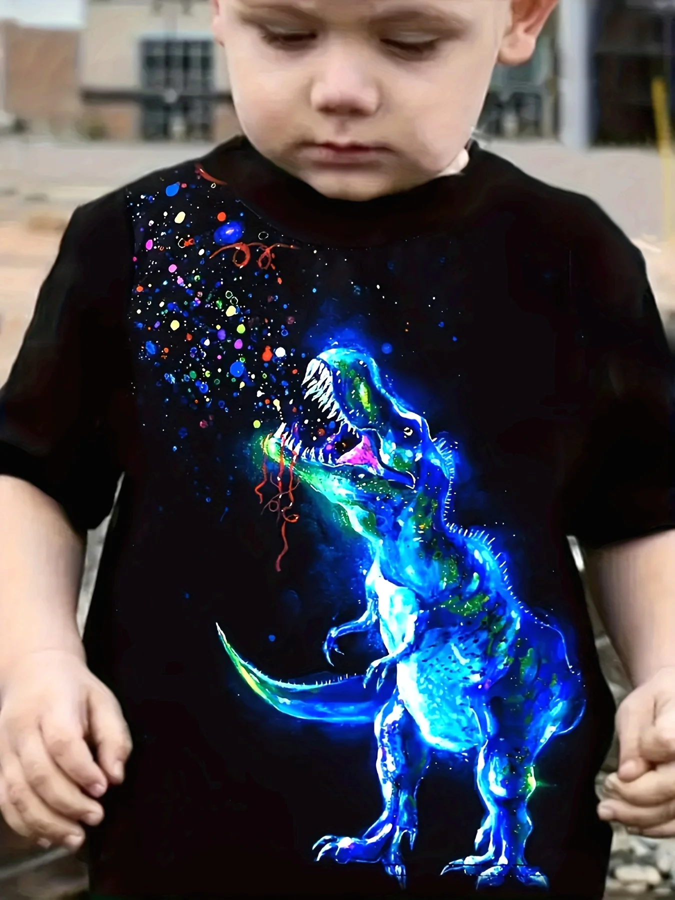 Boys Galaxy Dinosaur T-Shirt, Trendy Neon Glow T-Rex Paint Splatter Kids Short Sleeve Casual Tee