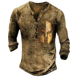 Vintage Soilders Print Men's Henley Shirt T-shirts Spring Cotton Casual Button-Down V-Neck Long Sleeve Street Tops Men Clothing