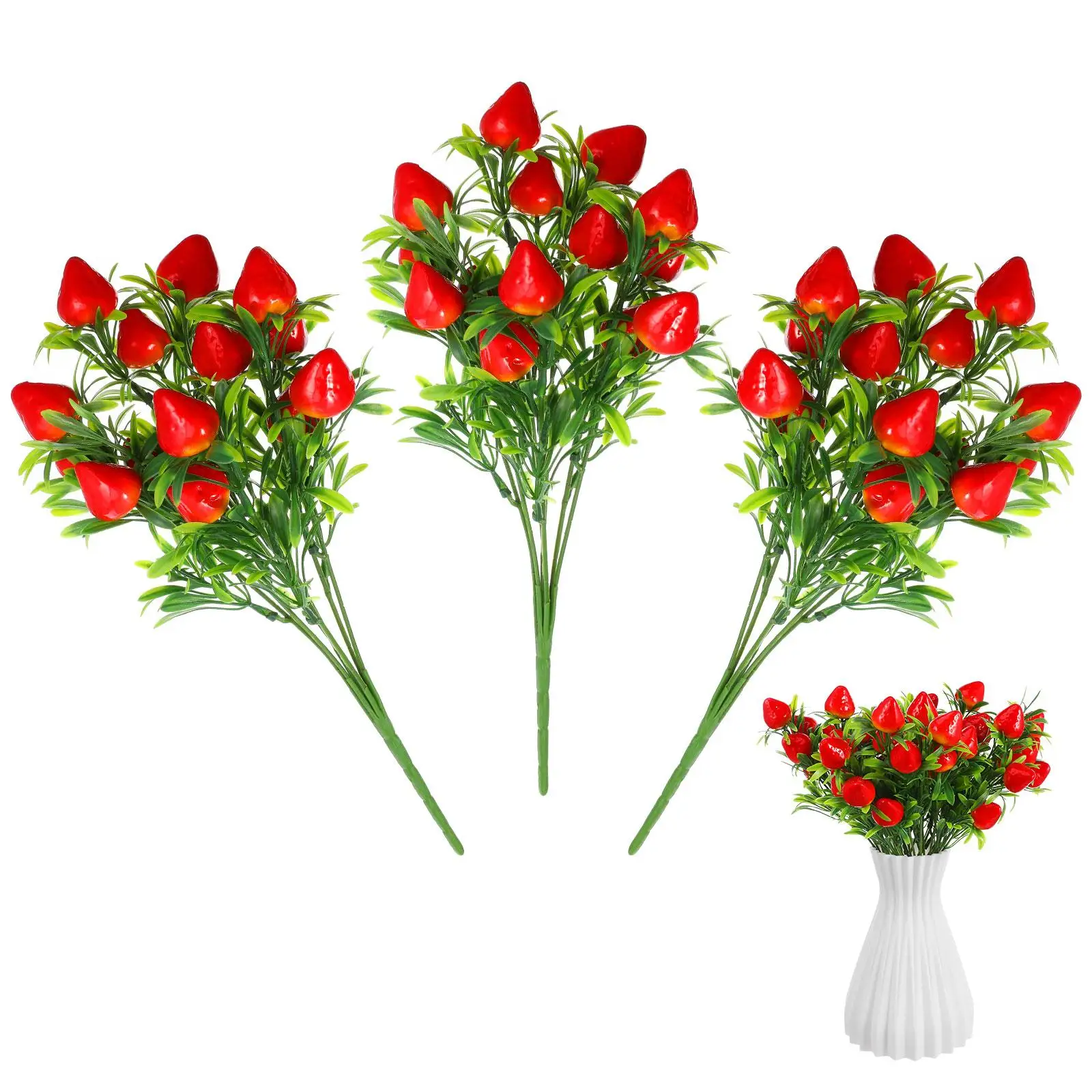 3 Pcs Artificial Strawberry Branches Simulation Decor Bouquet Home Party DIY Cake Ornaments Plastic Bright Realistic