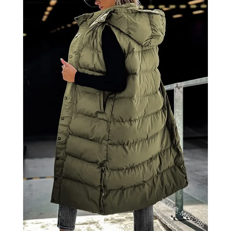 Women Solid Loose Zip Cardigan Parkas 2023 Autumn Winter Parkas Vest Coat Women Sleeveless Hooded Single Breasted Long Vest Coat