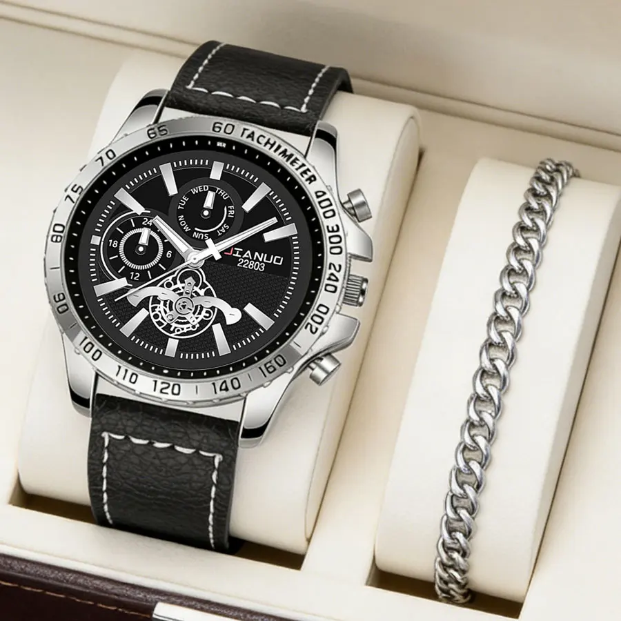 Trendy fashion men's watches, large dial, personalized belt scale, casual business 2-piece quartz watch for men