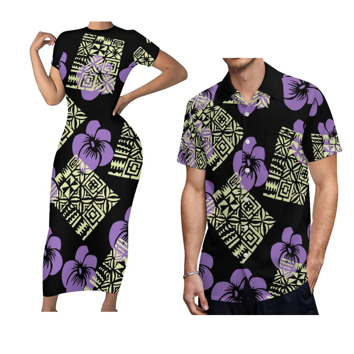 O-Neck Short Sleeve Fitted Women'S Dress Samoa Ethnic Style Polynesian Fijian Summer Men'S Shirt Good Looking Couple'S Outfit