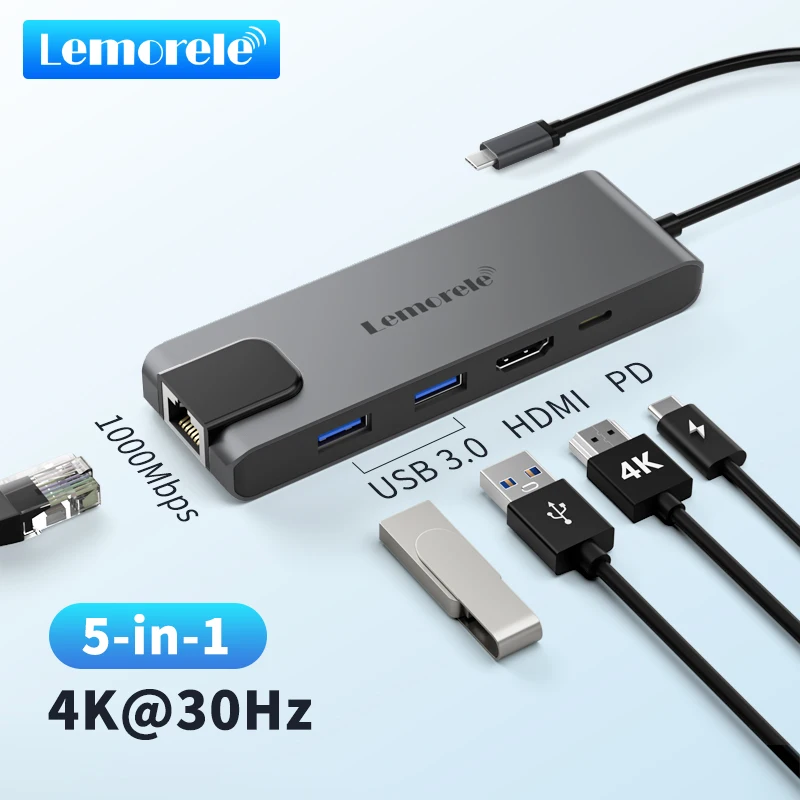 

Lemorele Docking Station 5 Port USB C HUB HDMI 4K 30Hz Gigabit Ethernet RJ45 Adapter USB A 2.0 480Mbps PD 100W For PC Laptop