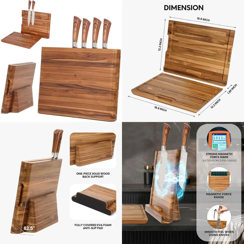 

Магнитный блок ножей из тикового дерева премиум-класса и разделочная доска — большой держатель кухонного ножа 2-в-1, компактный и безопасный
