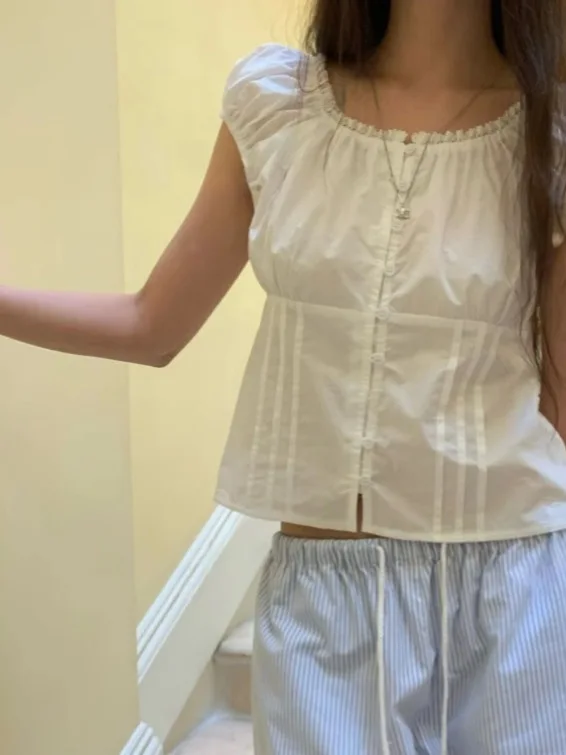 

Faionable Lace Trim Single Button Women's irt Ele Design Sensation Unique Personali Tea inside Tea Ele Top