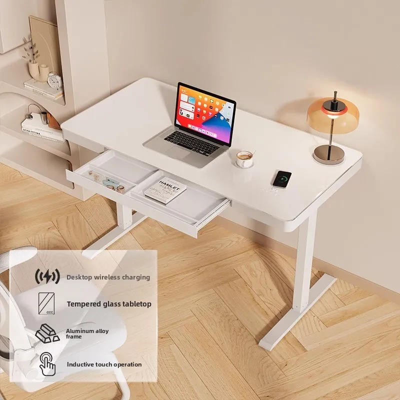 &Office Desk Height Adjustable Dual Motor Glass Workstation Modern Home Desk with Extendable Feature