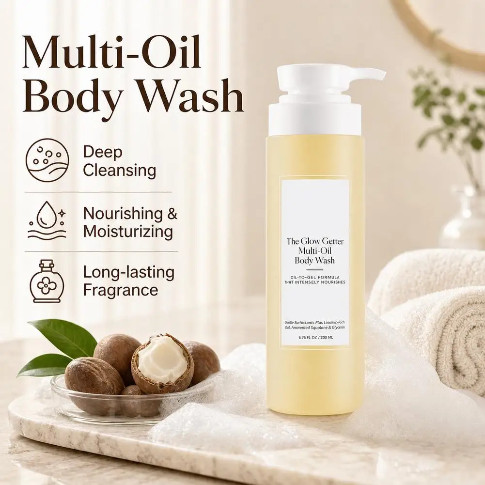 The Glow Getter Multi-Oil Hydrating Body Wash 200ml Deep Nourishing Body Cleansing Oil Oil-to-Gel Squalane Glycerin Shower Gel