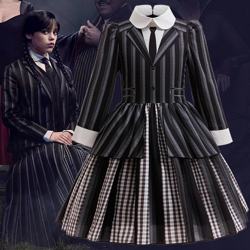 

Girl Dress Wednesday Adams Cosplay Costume Birthday Party Stage Performance Costume Halloween Carnival Kids Dress Up 3-12 Year