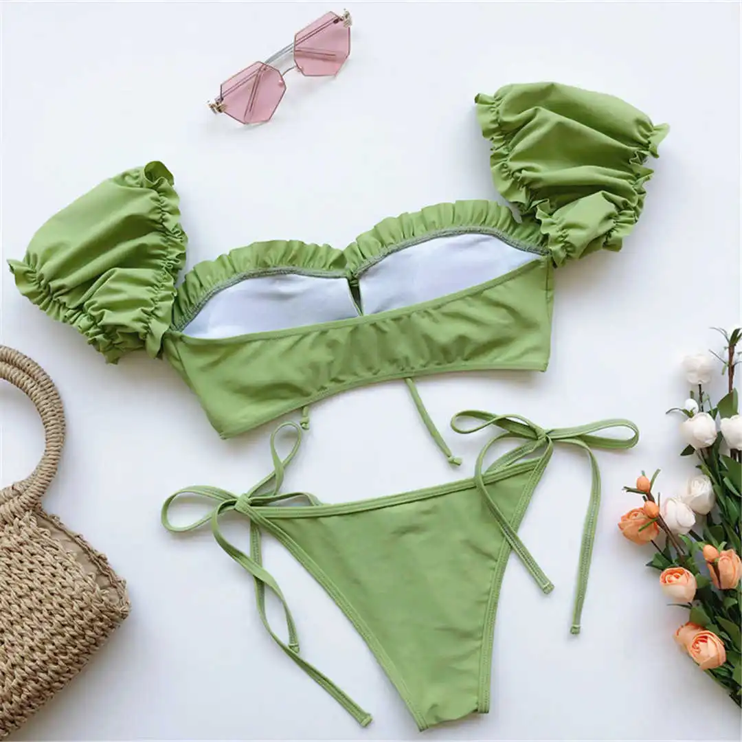 Kurzärmeliger, brasilianischer, plissierter, geraffter Bikini-Badeanzug für Damen, zweiteiliger Bikini-Set, Badebekleidung, Badeanzug, Schwimmanzug V1729 – Detail 34