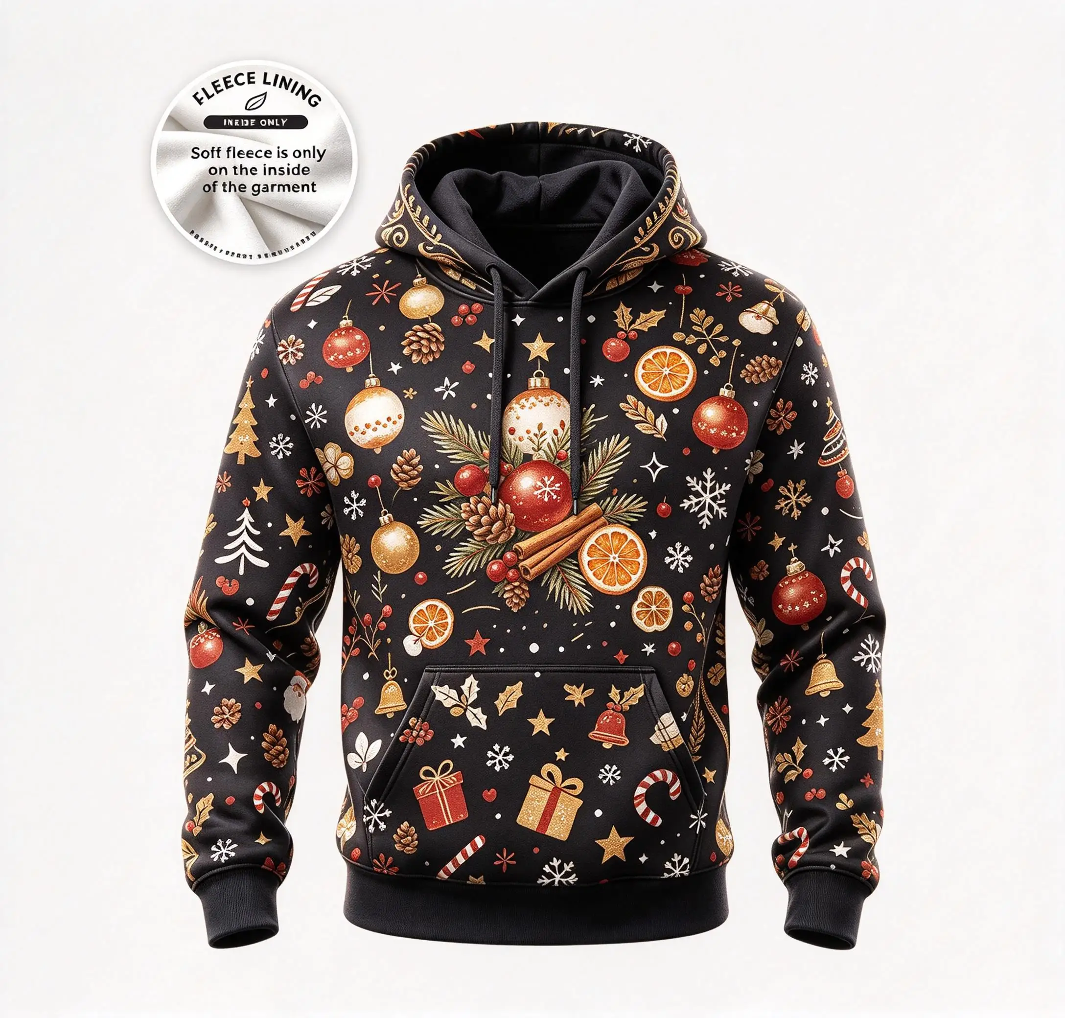 1. Winter Men Pullover Hoodie Black Orange Slice Bell Print Fleece Lined Drawstring Sweatshirt