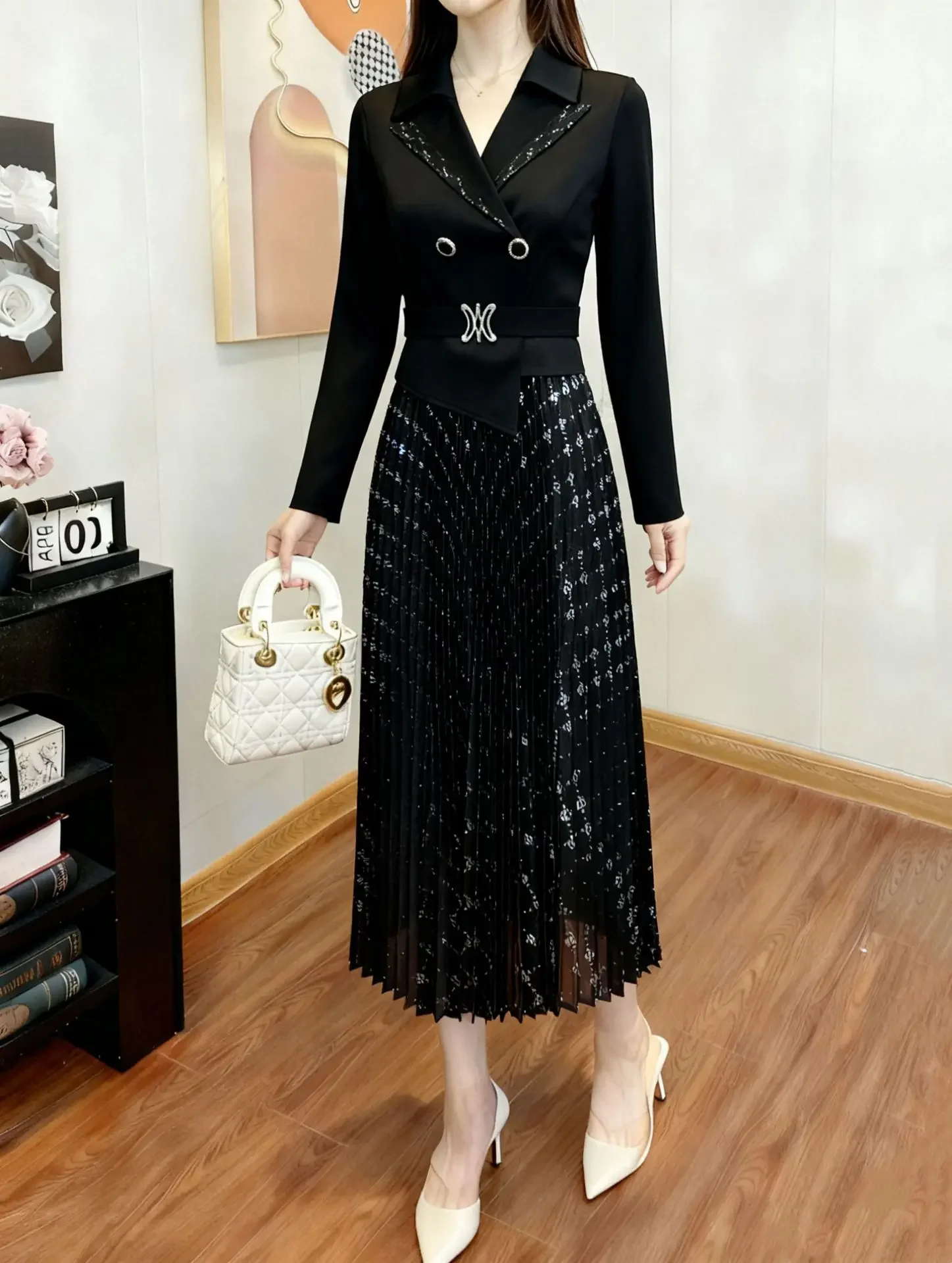 مياكي بالجملة جديد 2025 الخريف البرنز حبة التلبيب مطوي فستان الملابس النسائية مزاجه فستان طويل فضفاض