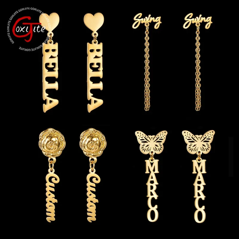 Goxijite Customized Name Stud Star Heart Earrings Stainless Steel Personalized Letters Butterfly Crown Earrings Jewelry Gift