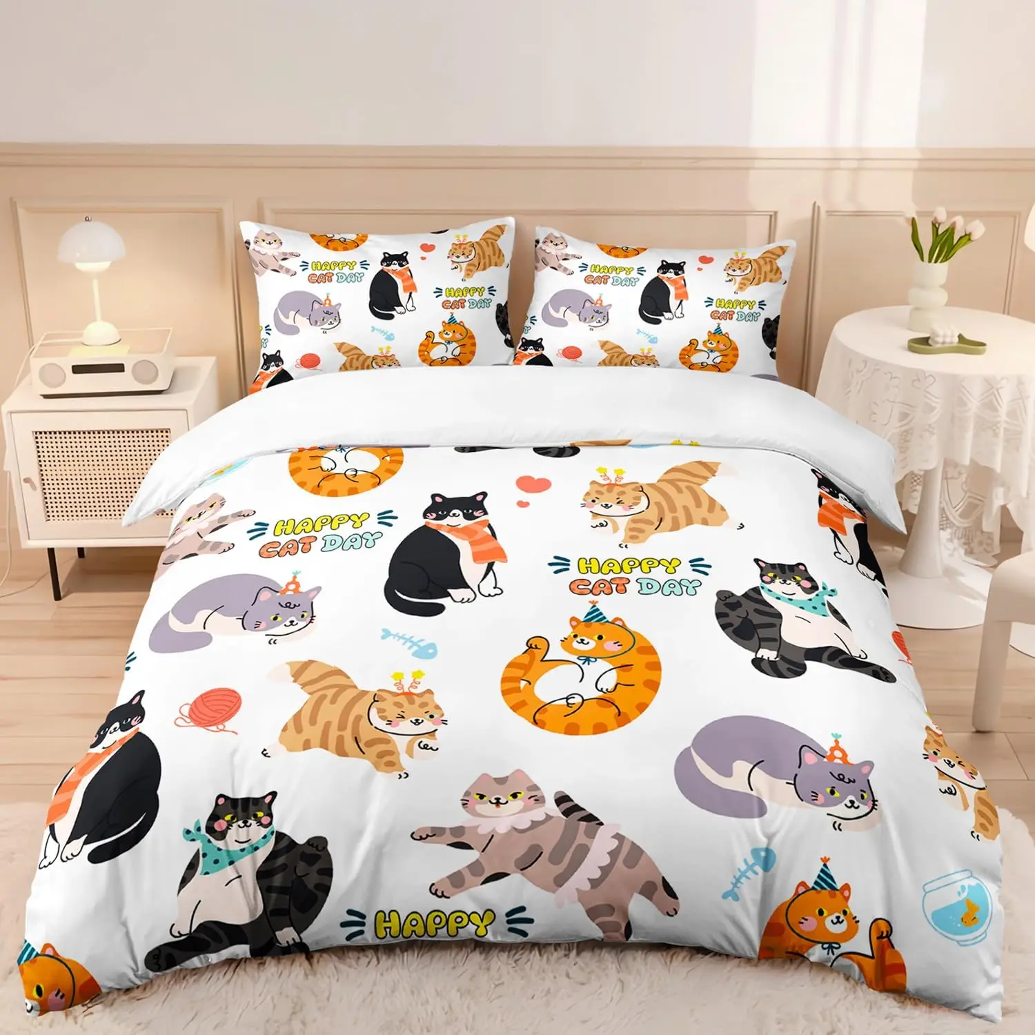 

Kids Cartoon Cat Bedding Set Kawaii Kitten Duvet Cover King Size 3-Piece Lovely Animal Comforter Cover for Boys & Girls