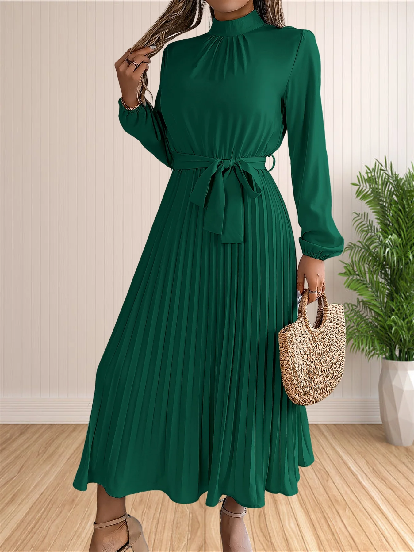 Women's Long Dresses Summer Elegant Pleated Long Sleeveed Lace Up Dresses Beach Boho Wrap Ruffle Hem Swing Sundress
