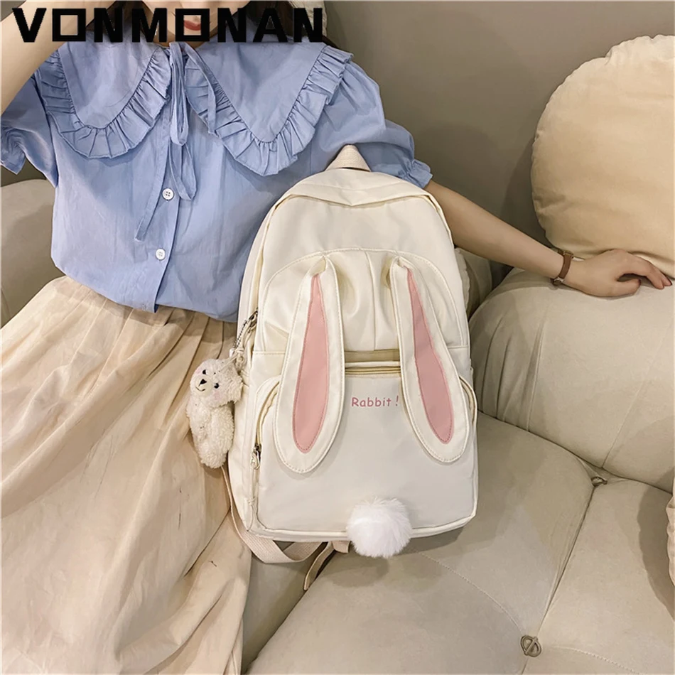 Women Cute Backpack Purses Designer Nylon Waterproof Schoolbag for Teen Girls Large Capacity Rucksack Cartoon Rabbit Mochila