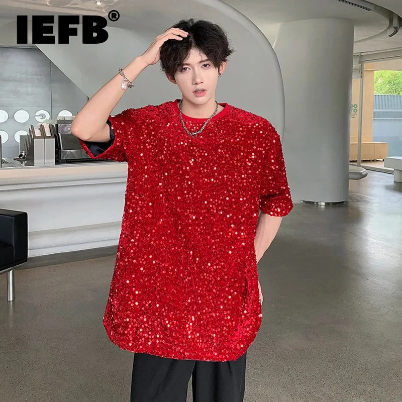 

IEFB New Men's T-shirt Short Sleeve Sequin Niche Design Stage Round Neck Summer Loose Male Top Pullover Temperament 9C5769