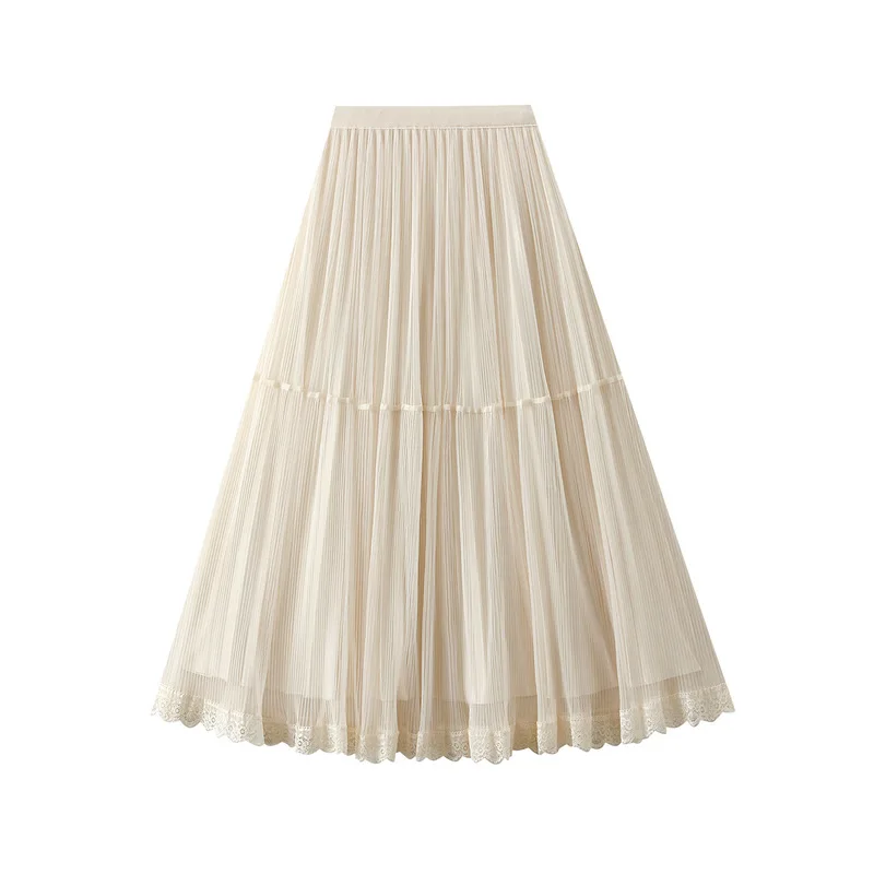 

Fashion Korean High Waist Mesh Cake Skirt Lace Skirts Women's Spring Summer 2025 New Casual Fairy Long Pleated Skirt