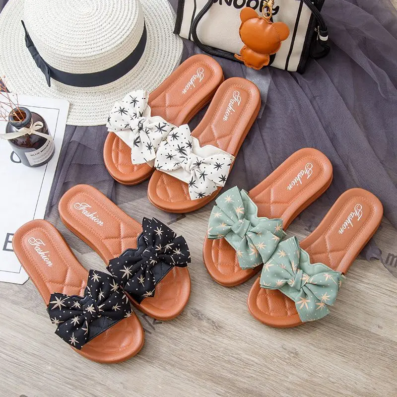 

2025 Girl's Slippers for Summer Outings Cute Fairy Style Bow for Outdoor Wear Home Decor Korean Casual Flat Bottomed Anti Slip