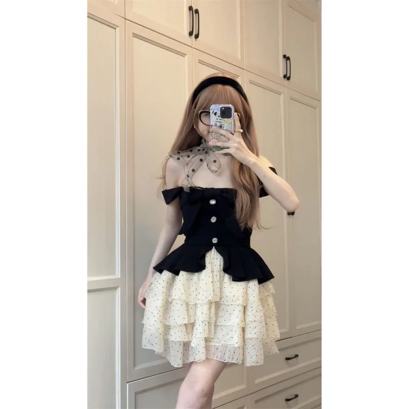 

Korean Strap Dress Women Fashion Patchwork Cake Skirt Printed Elastic Temperament Fashion Spicy Girl Fluffy Summer Slim Outfit