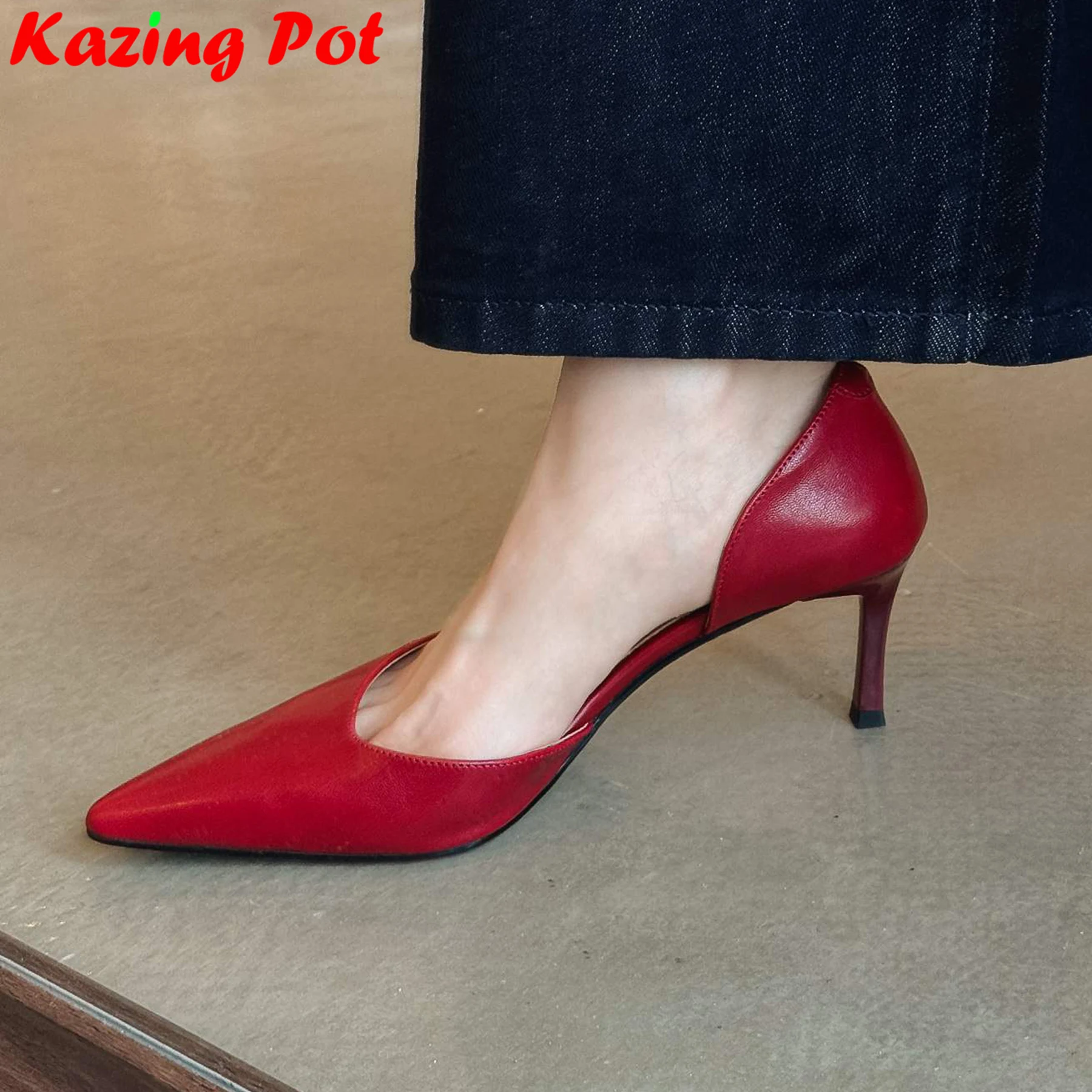 

Krazing Pot 2025 Genuine Leather Pointed Toe High Heels Shallow Slip On Office Lady Concise Party Dating Red Wedding Women Pumps