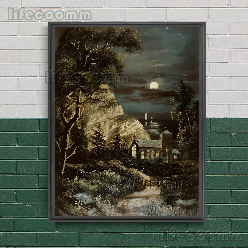 Victorian Village And City Night View Oil Painting Wall Art Canvas Print Full Moon And Quiet Night Landscape Art Poster Print