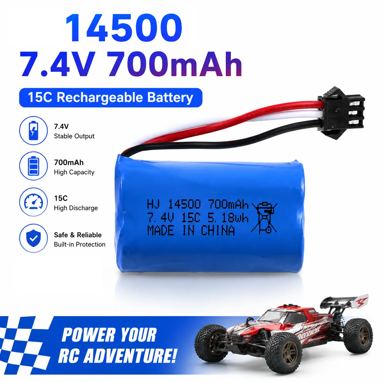 Ersatz 7,4V 700mAh 14500 Akkupack für RC Kletter-Truck MN82 MN86 2S Wiederaufladbarer Li-Ionen-Akku