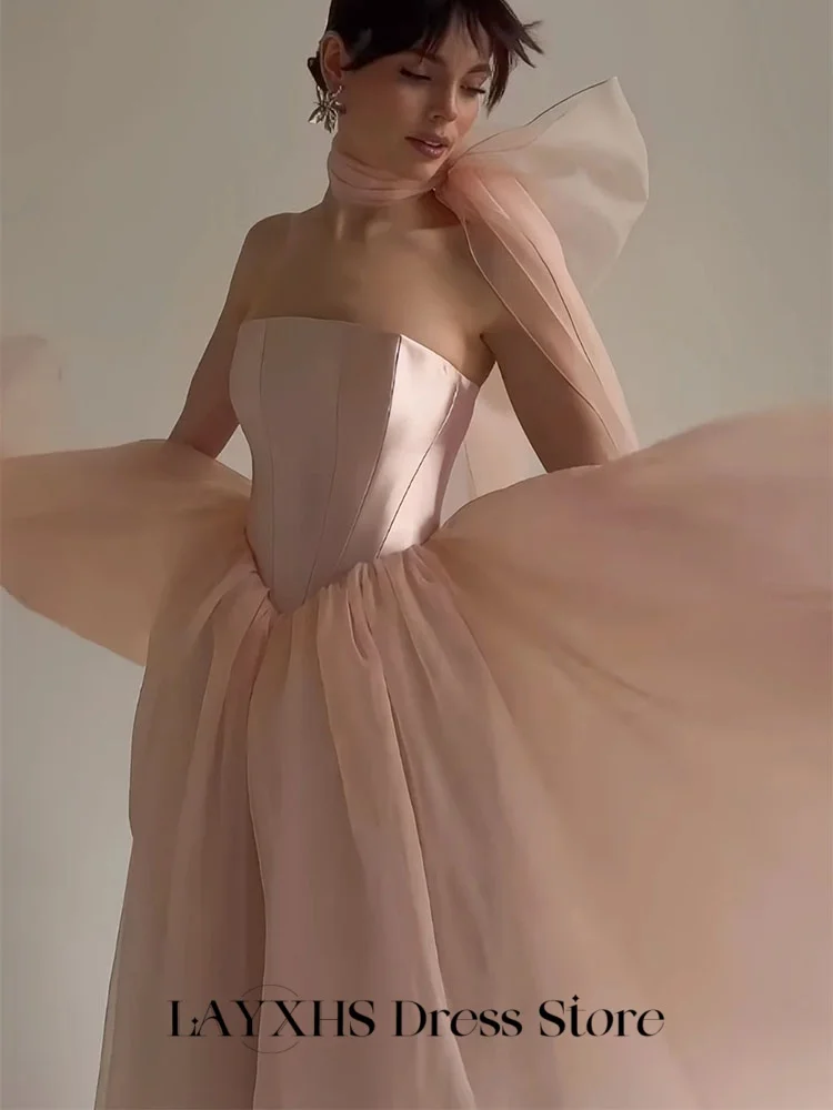 LAYXHS فساتين سهرة عصرية وردي بدون حمالات على شكل حرف a من التل مشد بفيونكة فساتين لحضور الحفلات الموسيقية مخصصة رداء السهرة #4