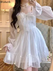 Woherb French Summer Dress Women White Puff Long Sleeve Korean Style Fairy Dresses Mesh Bow Kawaii Elegant Vintage Vestidos