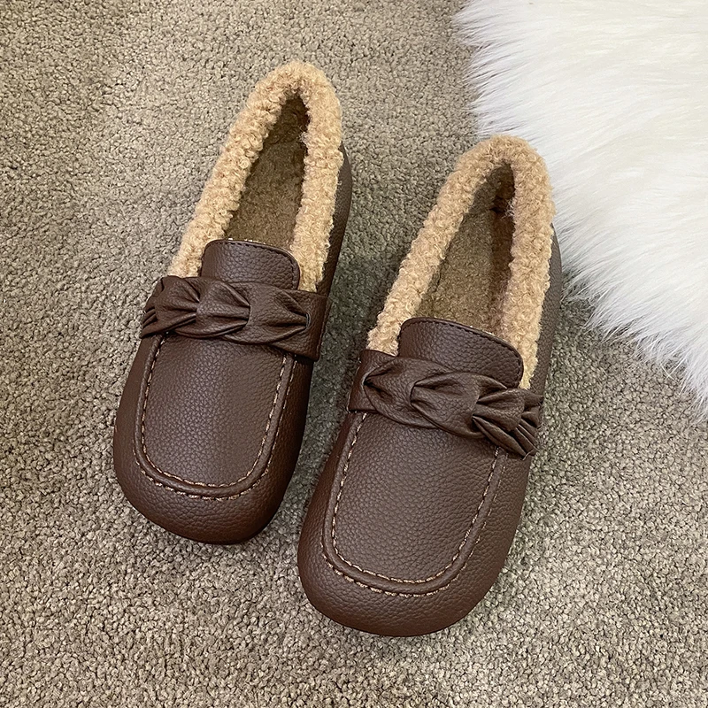 Женские зимние лоферы, роскошные повседневные теплые туфли на плоской подошве из искусственной кожи, уличная модная удобная обувь с круглым носком для женщин