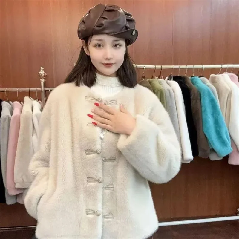 

Ladies Fashion High End Faux Fur Jacket Autumn Winter Women Long Sleeves Plush Outwear Retro Female Casual Solid Color Fur Coat