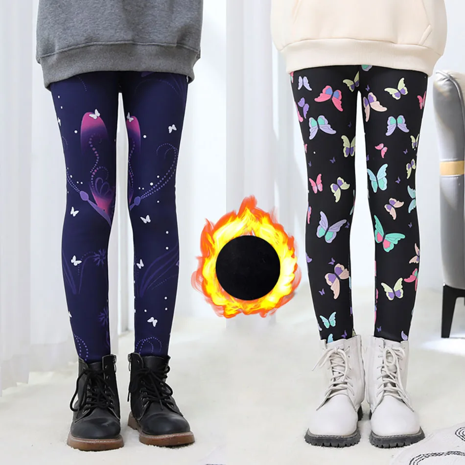 

Girls Warm Plush Thickened Winter Leggings for Kids Soft Stretchy Elastic Cartoon Butterfly Long Pants Ideal for Cold Weather