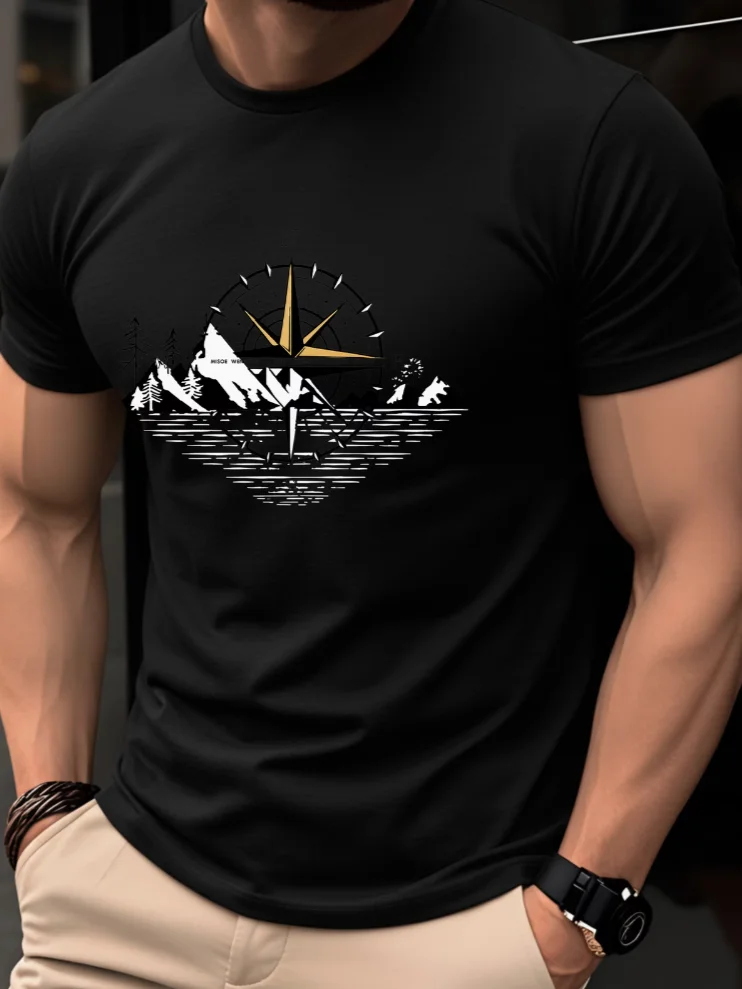 Men's T-Shirt Summer Short Sleeve Thin Top Trendy Fashion Slim Fit Slimming Daily Base Layer Compass Snow Mountain Pattern