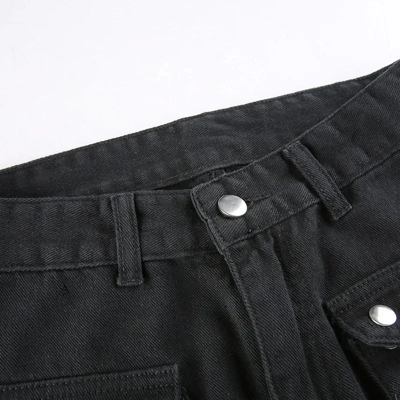 Metal Button High Waisted Straight Leg Jeans Drop Crotch Trousers Streetwear Hip Hop Fashion Y2K Cargo Denim Pants for Women