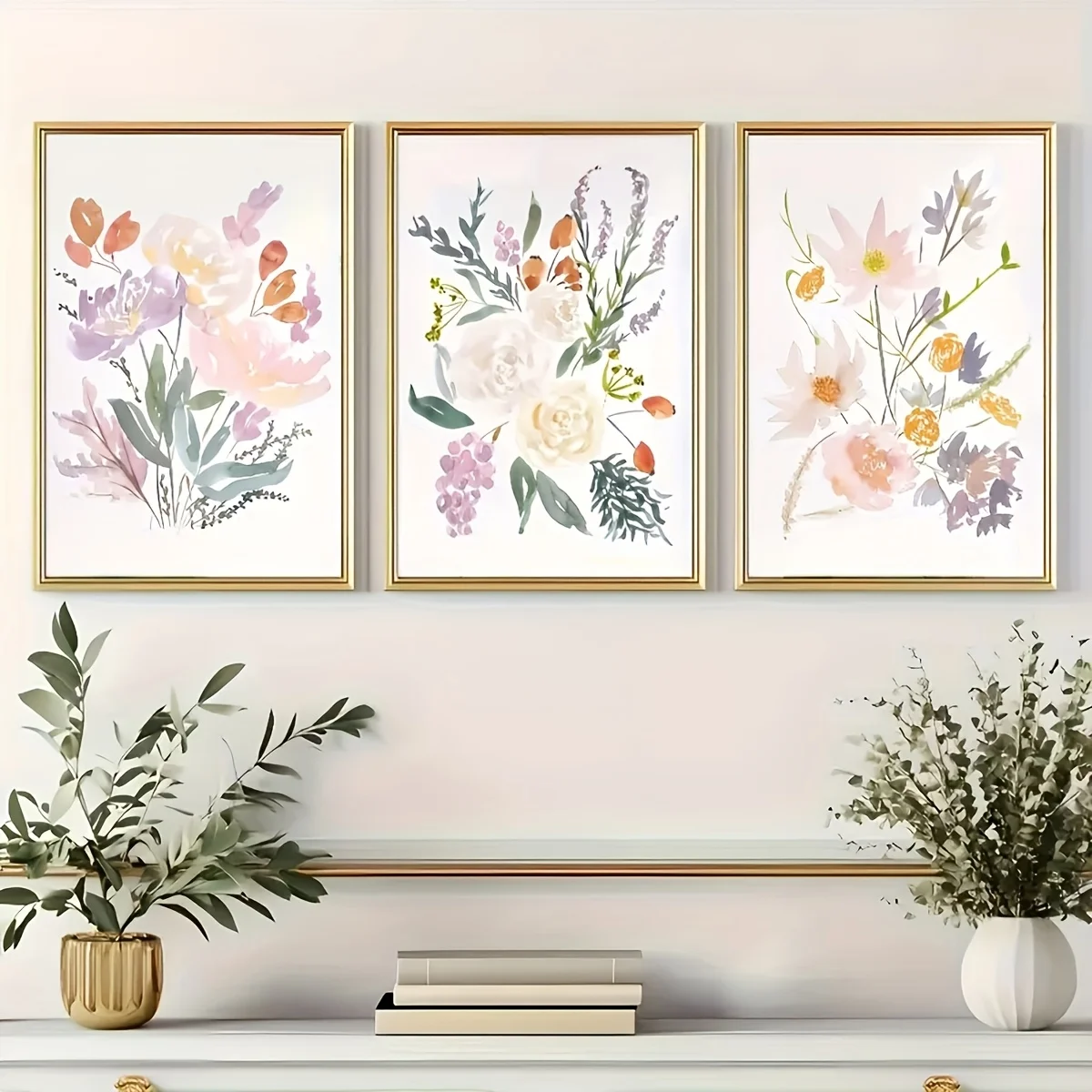 Home Office With Plants - ワイルドフラワー植物花ポスターアート装飾クラシックモダンスタイルインクオンキャンバスリビングルーム寝室ホームオフィス用3ピース