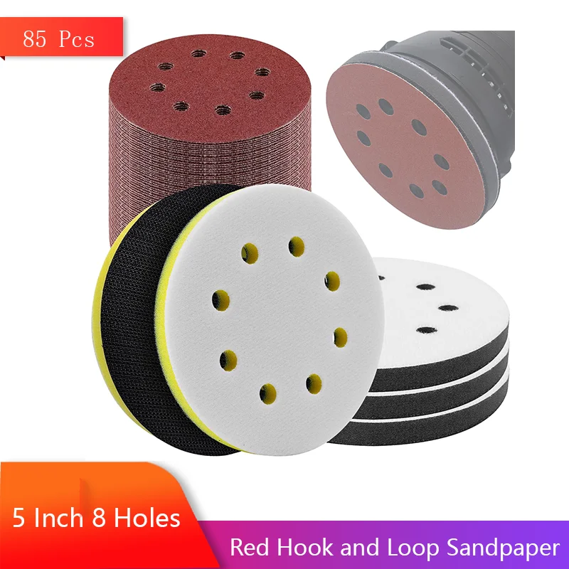 5 Inch 8 Holes Red Hook and Loop Sandpaper 85 Pcs with Upgraded Foam Sanding Pads for Common Sanding and Polishing Wood Metal