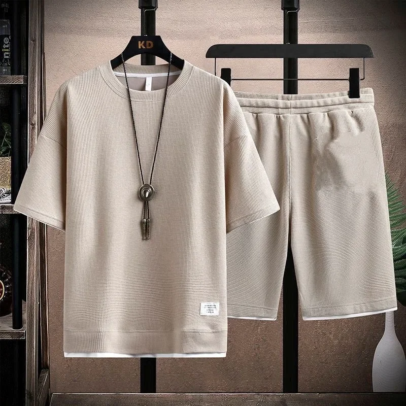 Ice Silk Men's High Quality New Summer Round Neck Short Sleeve Men Casual Sports Set Loose T-shirt Shorts Waffle Style Clothing