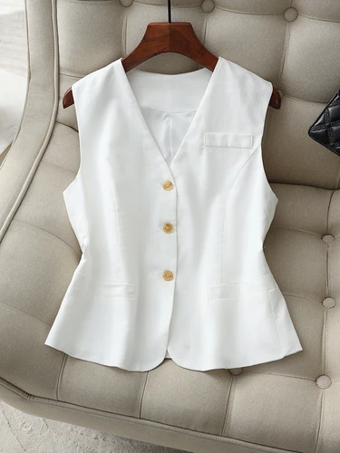 Imagen 2 del producto Chaleco de mezcla de lino para mujer, chaleco con botones sin mangas con cuello en V, chaleco de traje ligero a medida para oficina informal de negocios