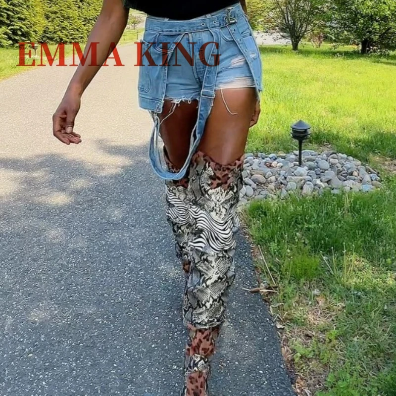 النساء حذاء بكعب سميك فوق الركبة الأحذية النمط الغربي أشار تو جلد الثعبان الفخذ عالية التمهيد السيدات الشتاء Botines Mujer بوتاس